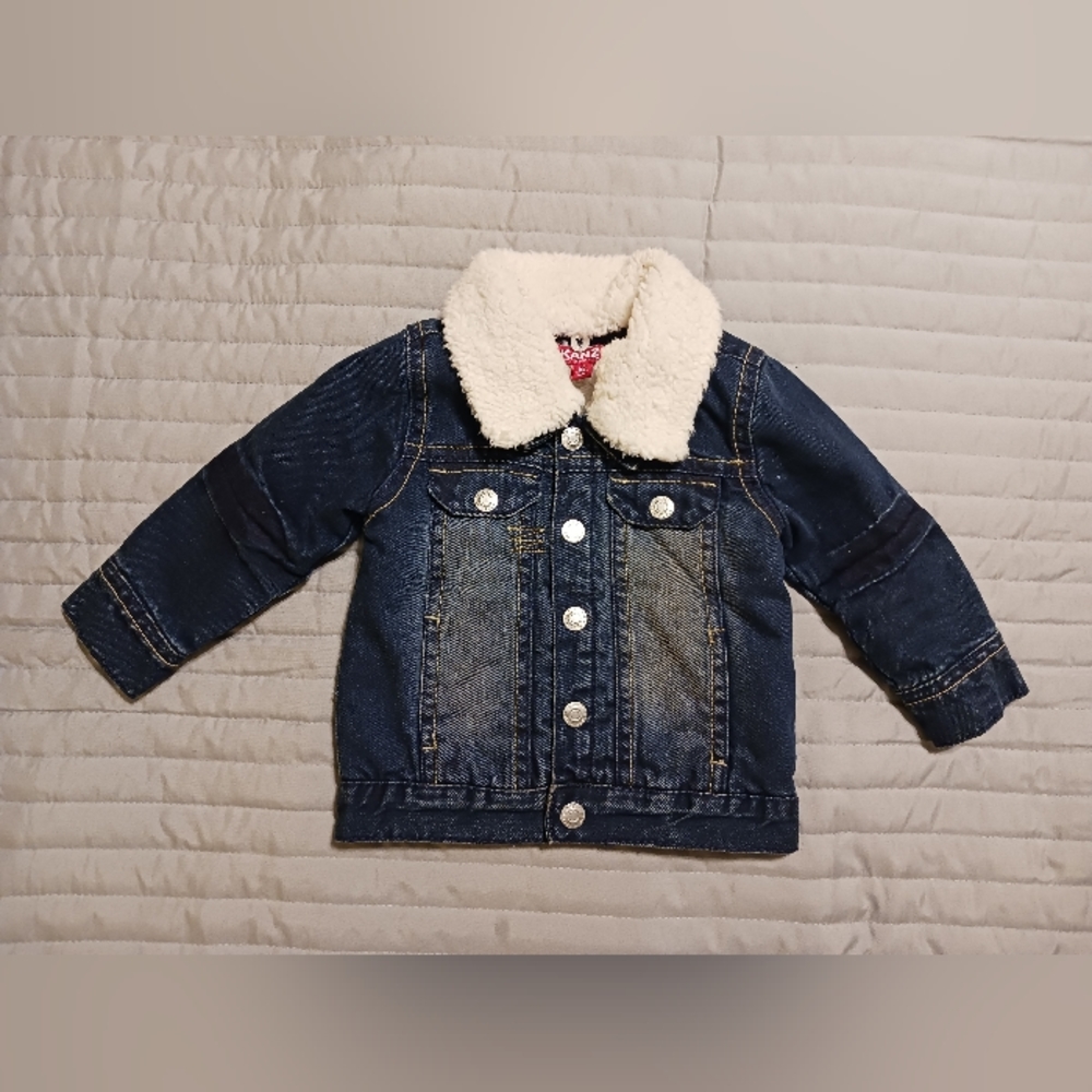 Kanz Baby Unisex Size 6M Fur Lapel Distressed Denim Jean Warm Bomber Jacket
